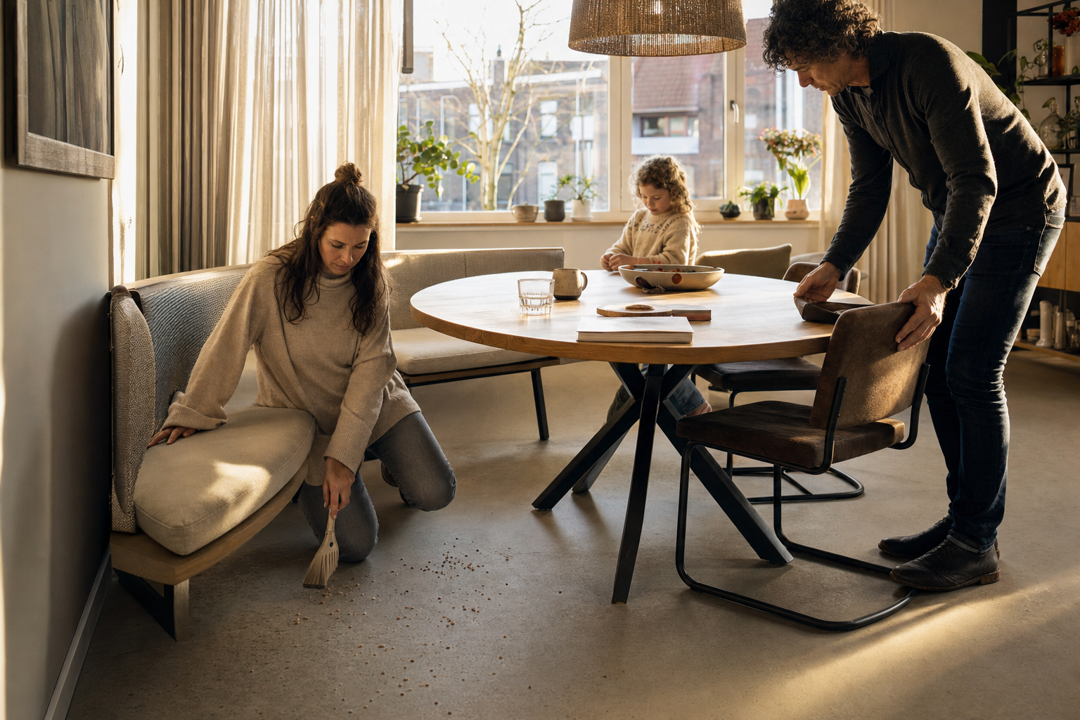 Detail halfronde eetkamerbank met stoelen