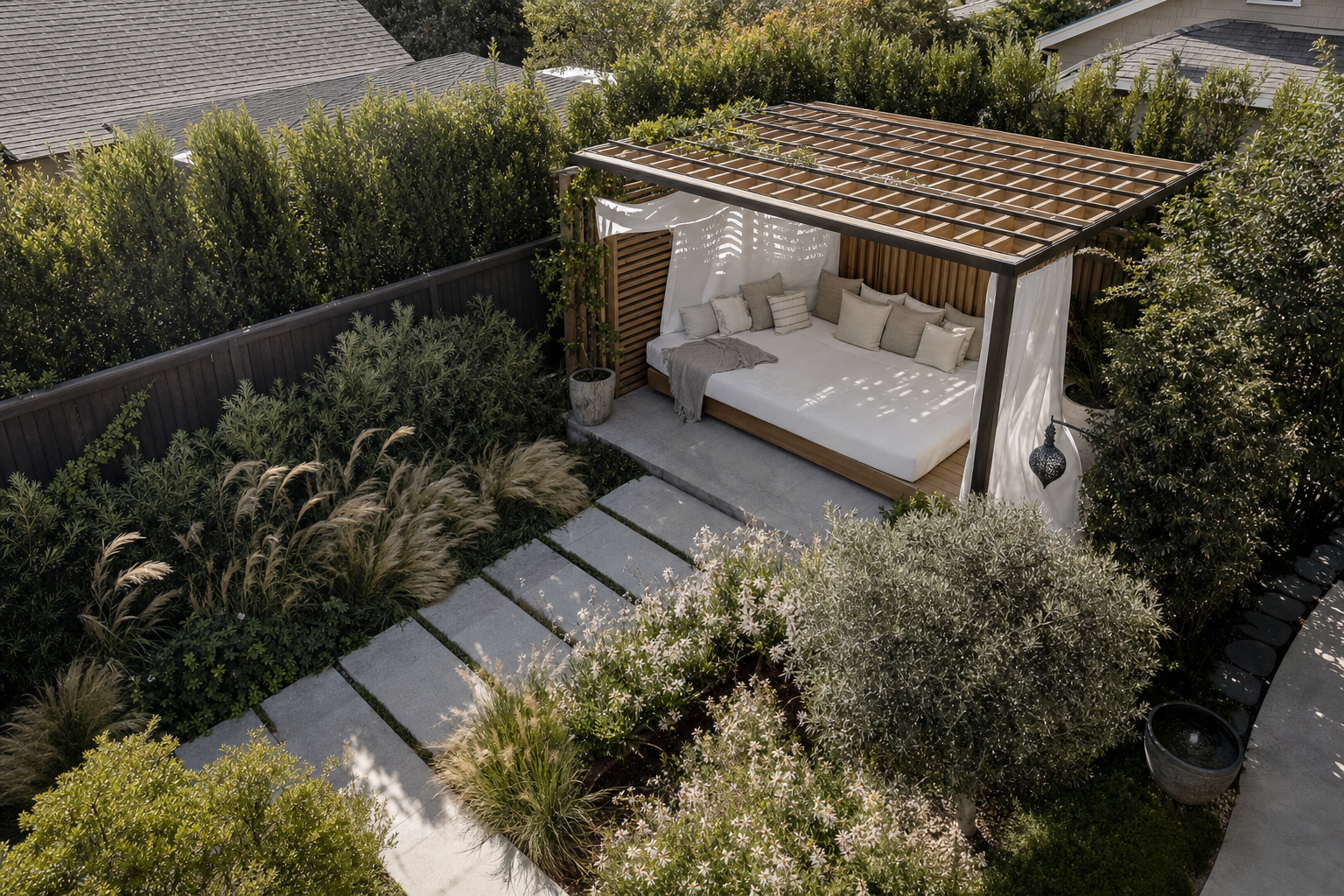 Loungebed met privacy in tuin